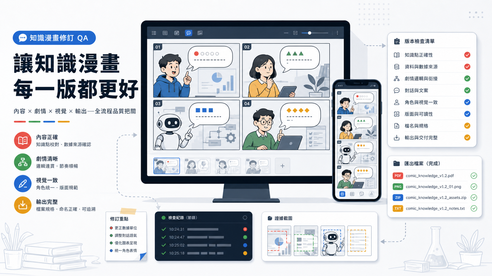 知識漫畫改稿 QA cover,顯示四格分鏡、對話框文字密度、手機預覽與版本輸出檢查卡