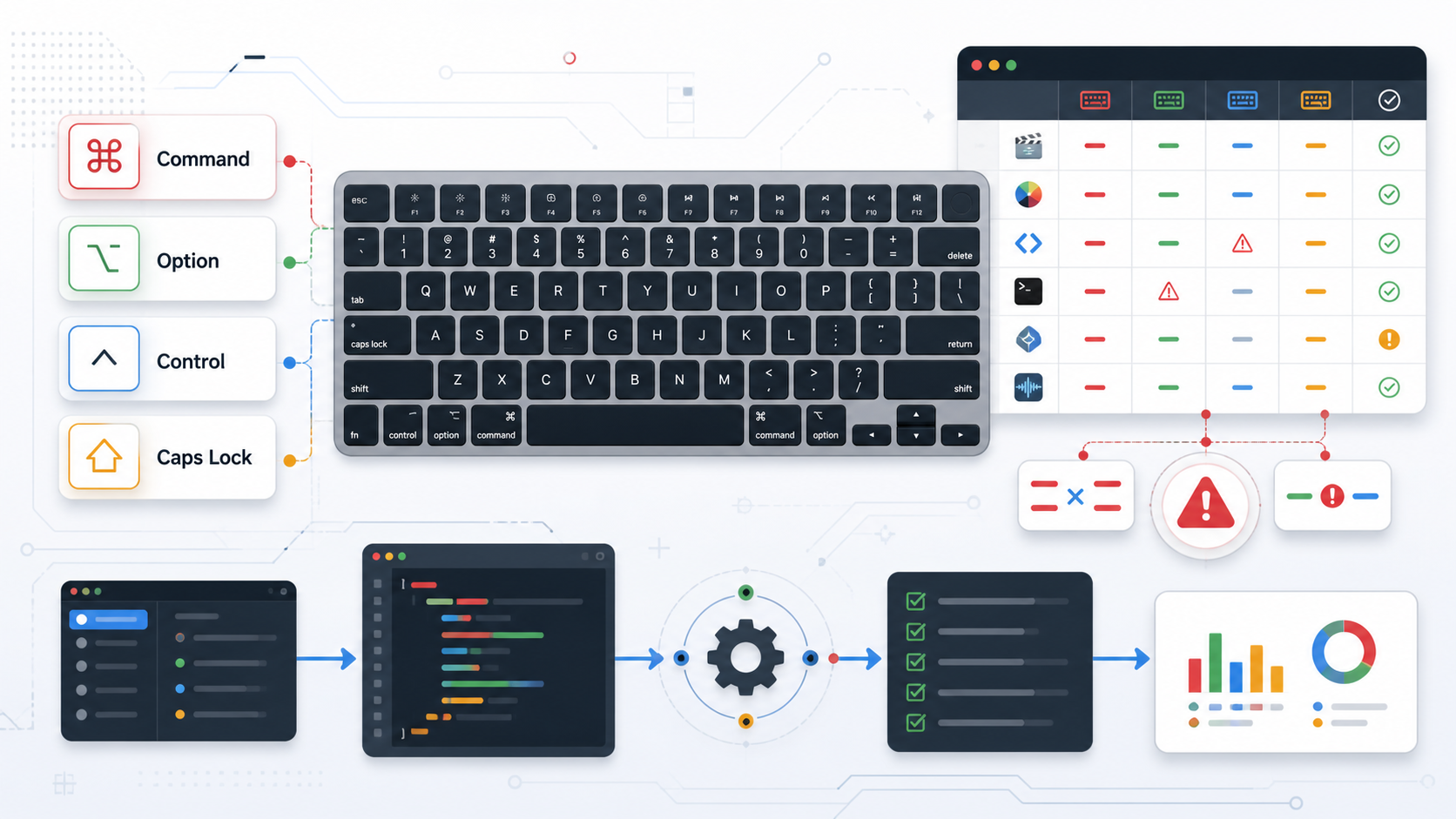 macOS 快捷鍵衝突盤點 cover,顯示 Mac 鍵盤、Command Option Control Caps Lock 熱鍵卡片、衝突警示與自動化清單