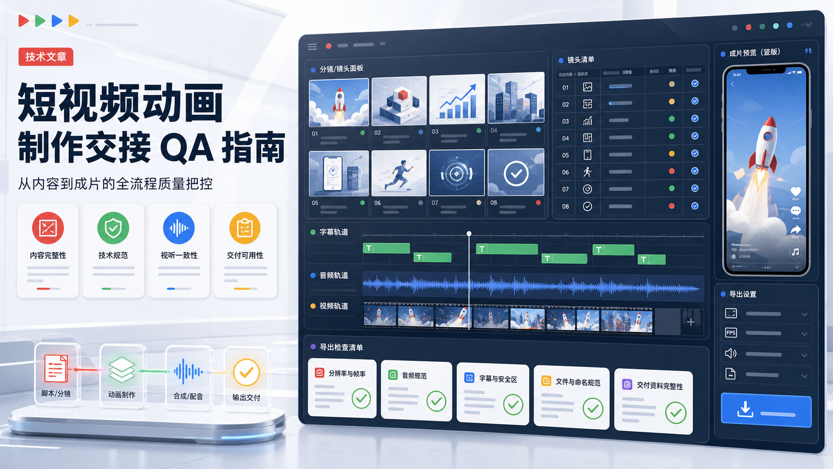 短片動畫交接 QA cover,顯示分鏡格、鏡頭清單、字幕軌、音訊波形與手機直式影片預覽