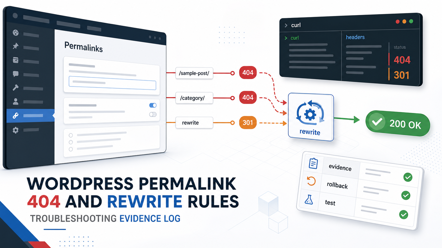 WordPress 固定連結 404 排查 cover,顯示文章 URL、rewrite rules、curl header、301 轉址與 200 OK 驗證流程