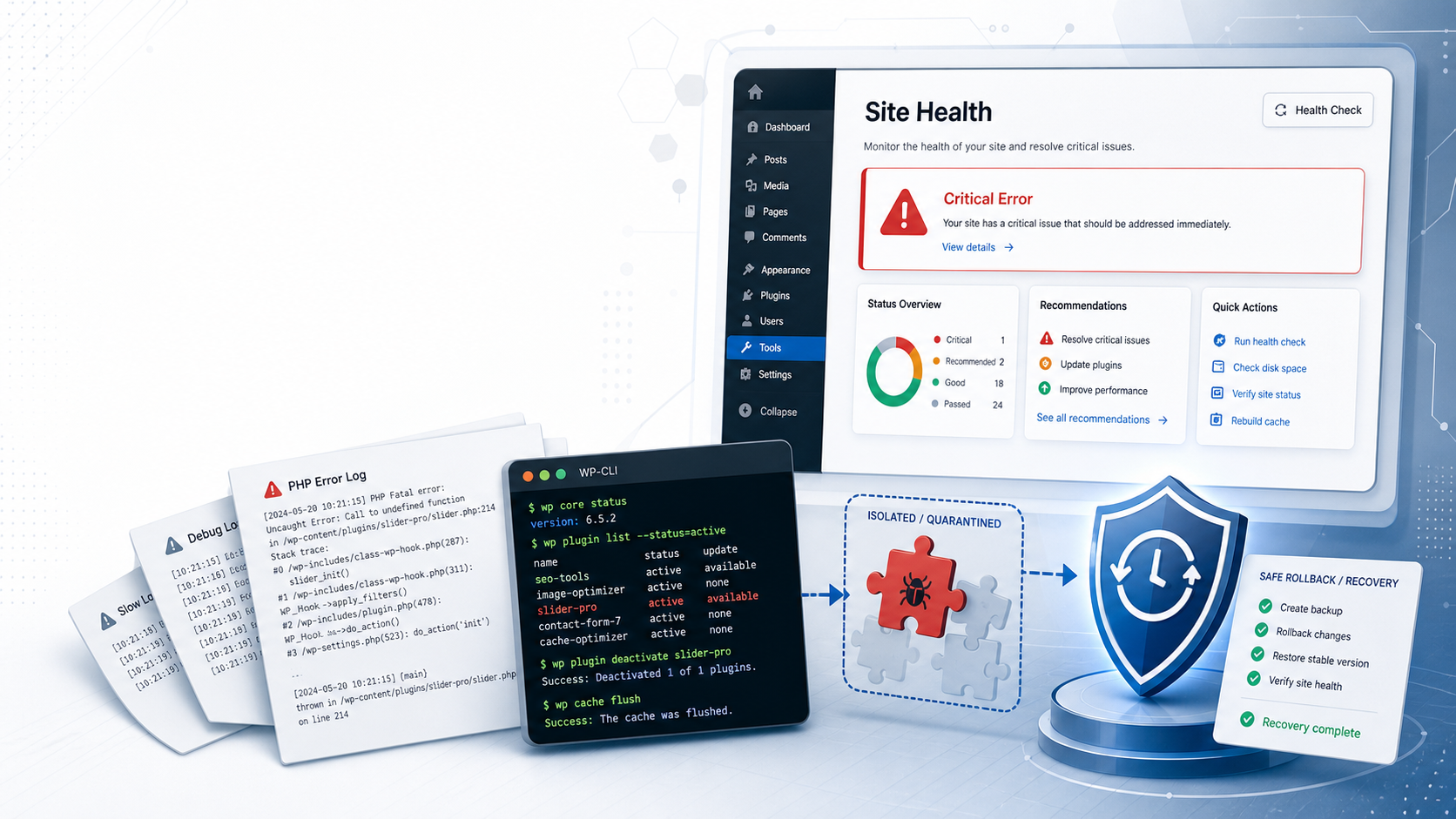WordPress Site Health 重大錯誤排查 cover,顯示 Site Health 警示卡、PHP log、WP-CLI 外掛隔離與回復盾牌